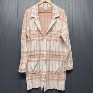 Nine West Womens XL Plaid Longline Cardigan Sweater Orange Cream Button Front
